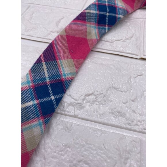 Skinny Tie Madness Salad Alarm Plaid Necktie Cotton Pink Multicolor SKM754 - Picture 4 of 11